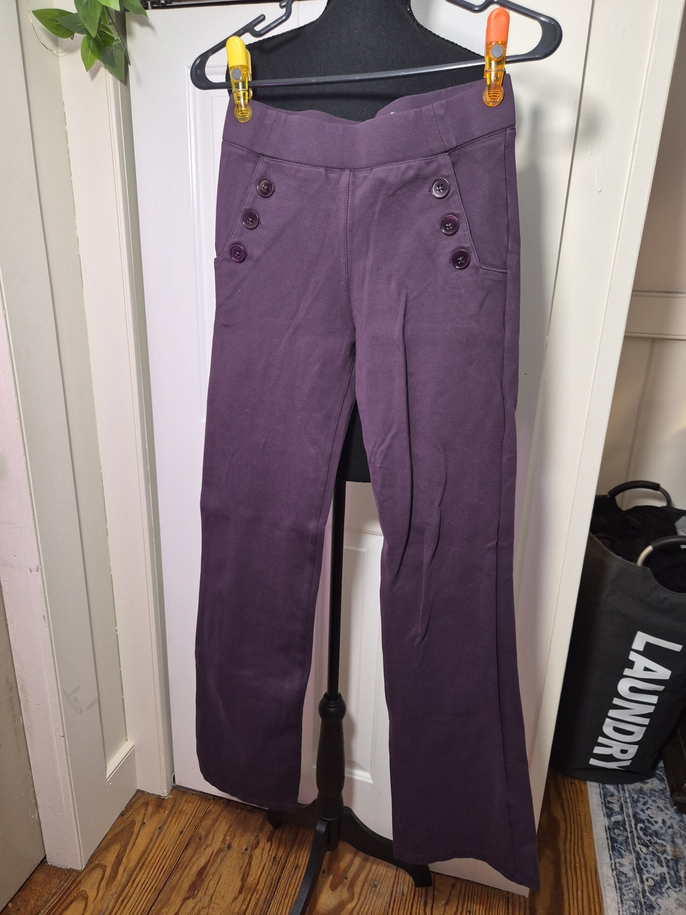 Betabrand Plum Boot-Cut Button-Front Stretch Pants